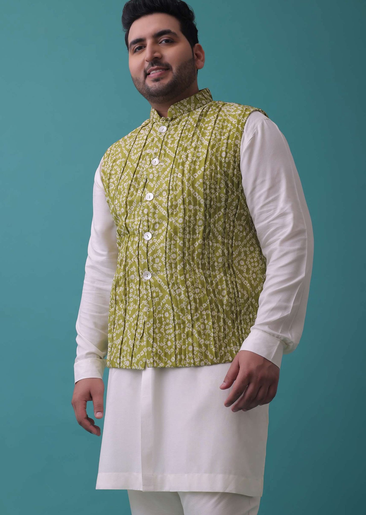 Olive Green Tussar Silk Jacket And Kurta Set With Bandhani Print