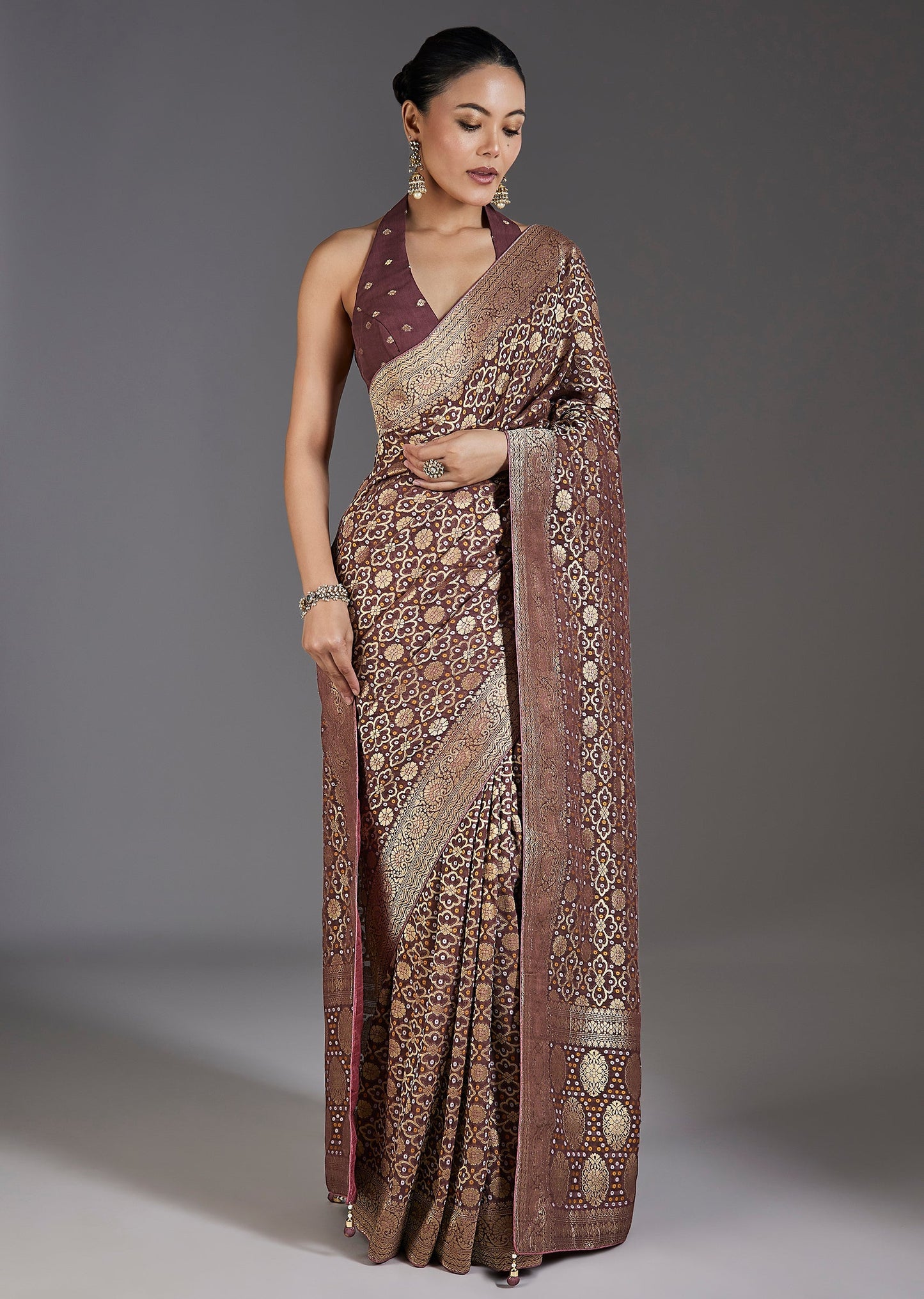 Onion Pink Khaddi Georgette Bandhani Saree