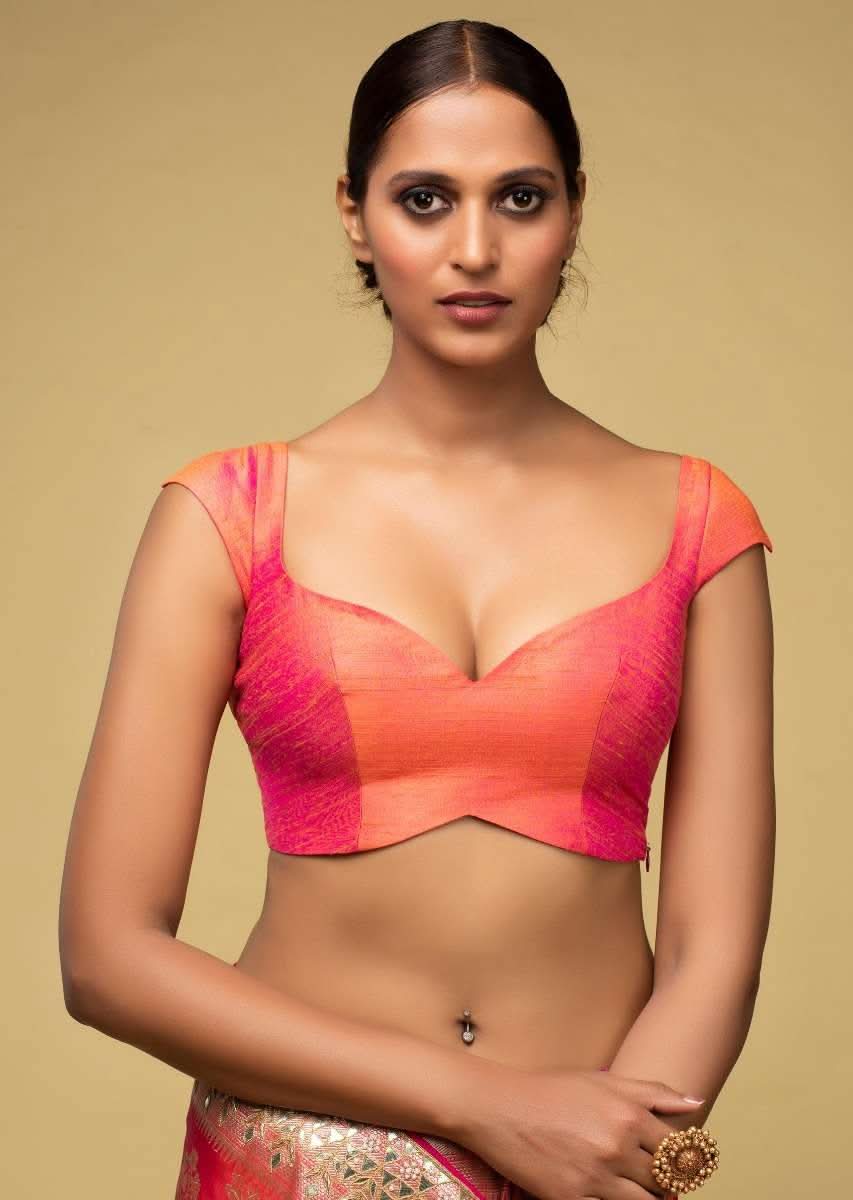 Orange And Pink Two Toned Blouse In Raw Silk With Sweetheart Neckline And Curved Hem Online - Kalki Fashion
