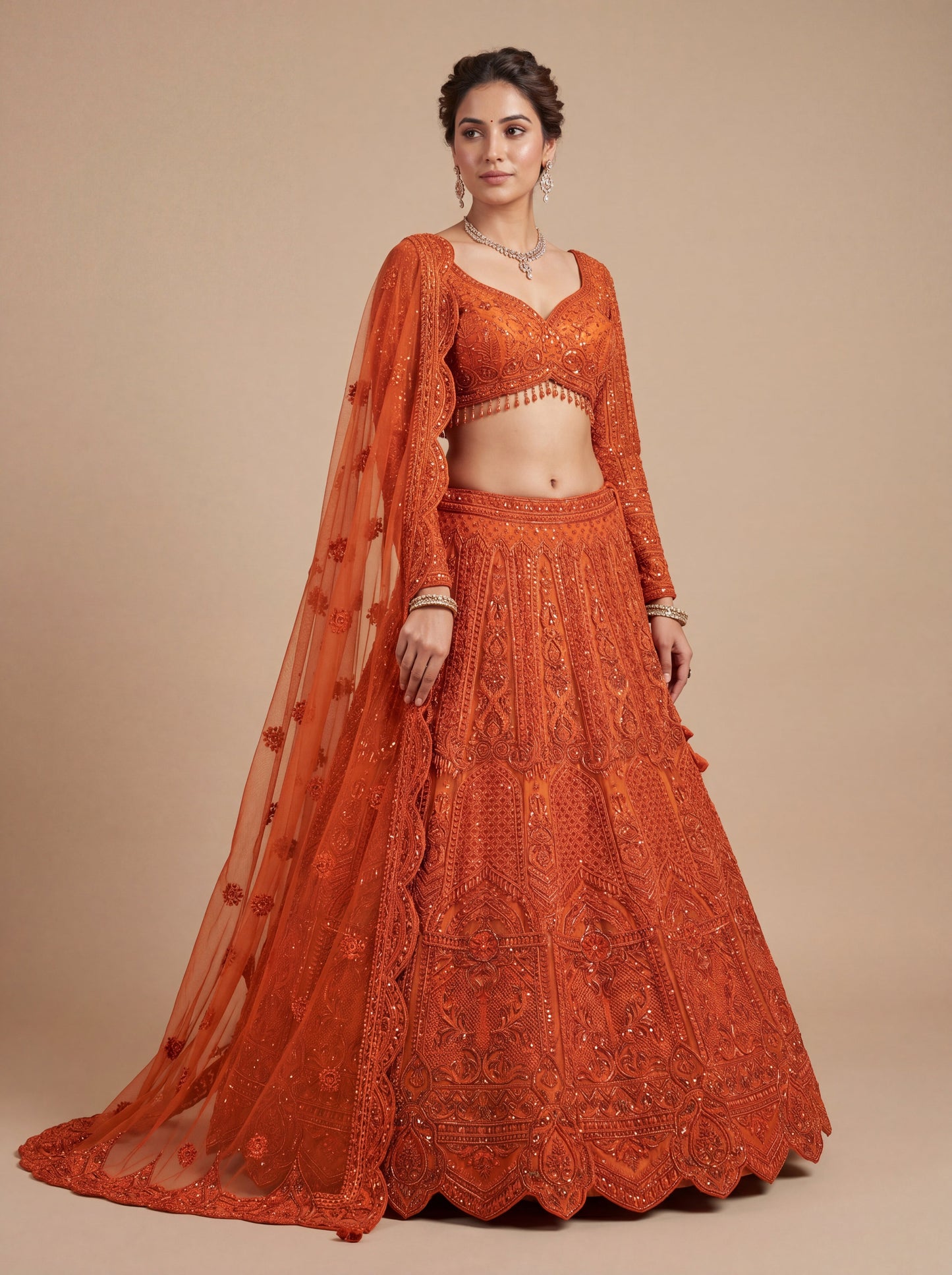 Orange Contemporary Bridal Lehenga With Ombre Embroidered Flare