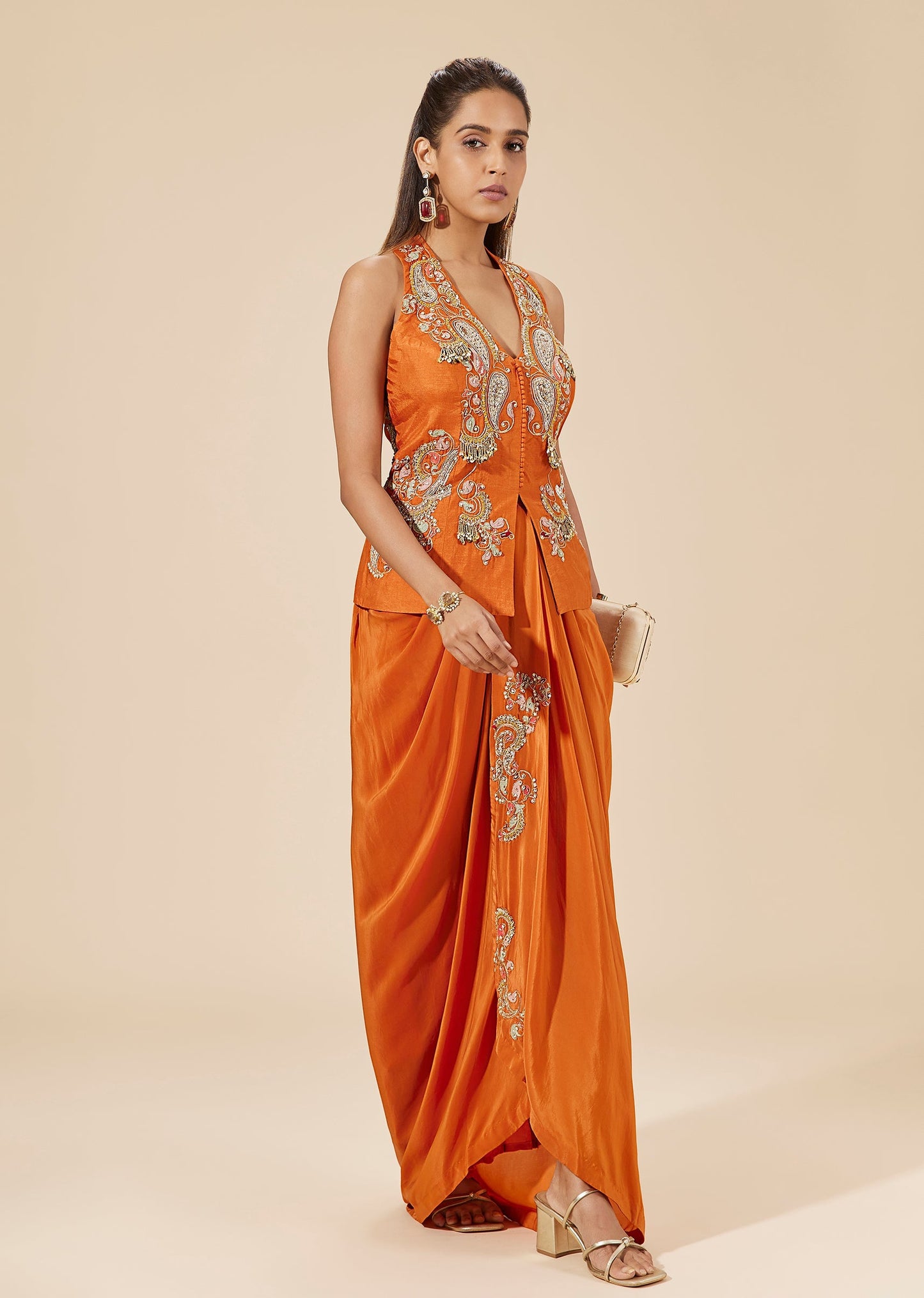 Orange Crepe Drape Skirt Set With Resham And Sequin Embroidered Halter Top