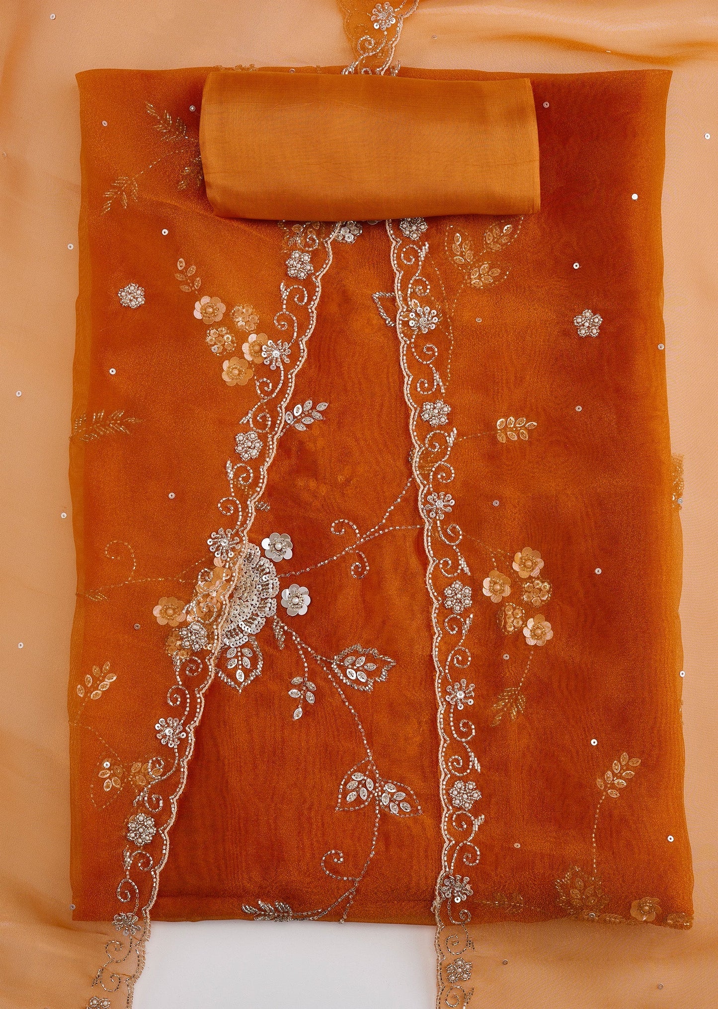 Orange Embroidered Organza Unstitched Suit Set With Dupatta