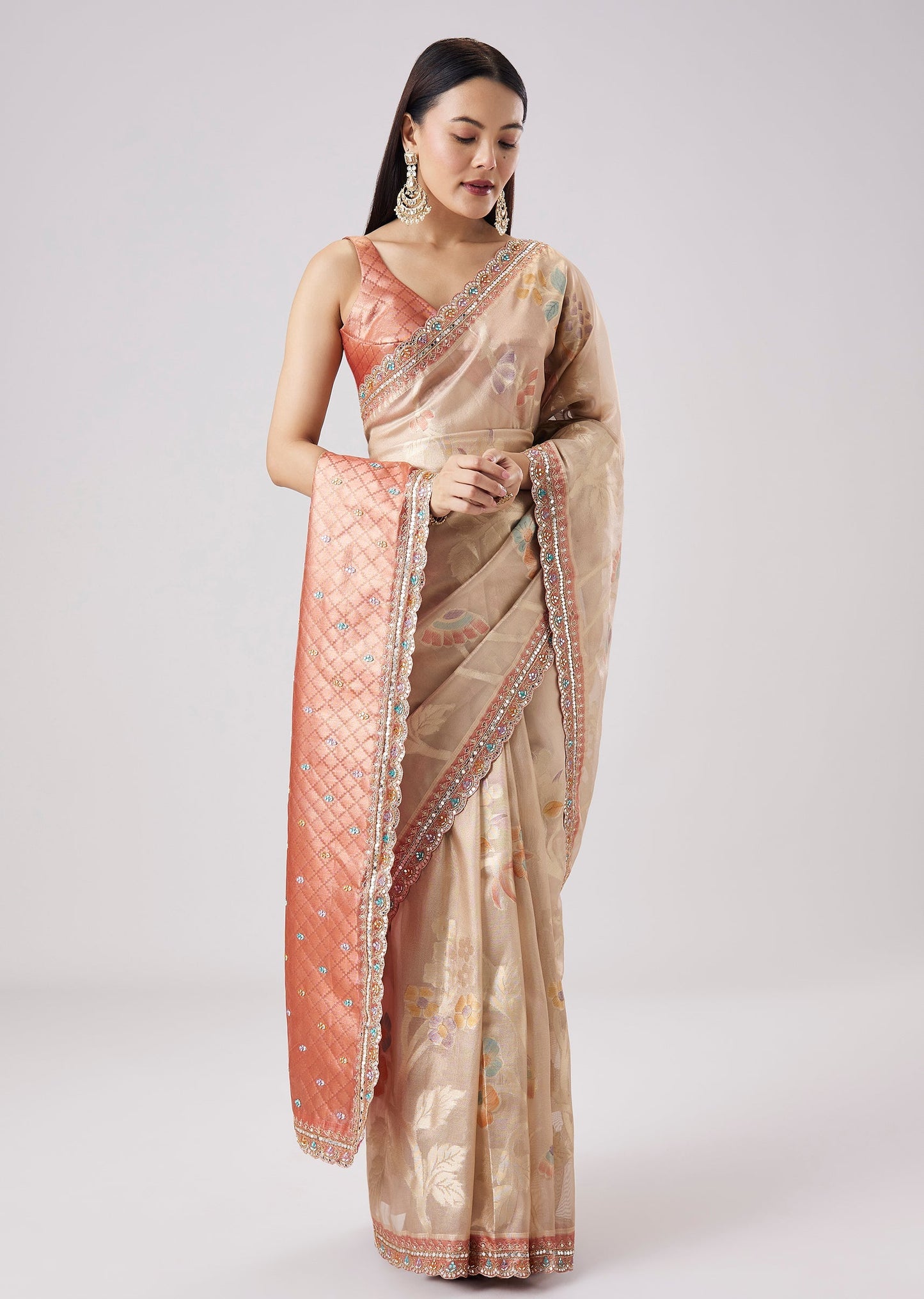Orange Embroidered Saree With Unstitched Blouse