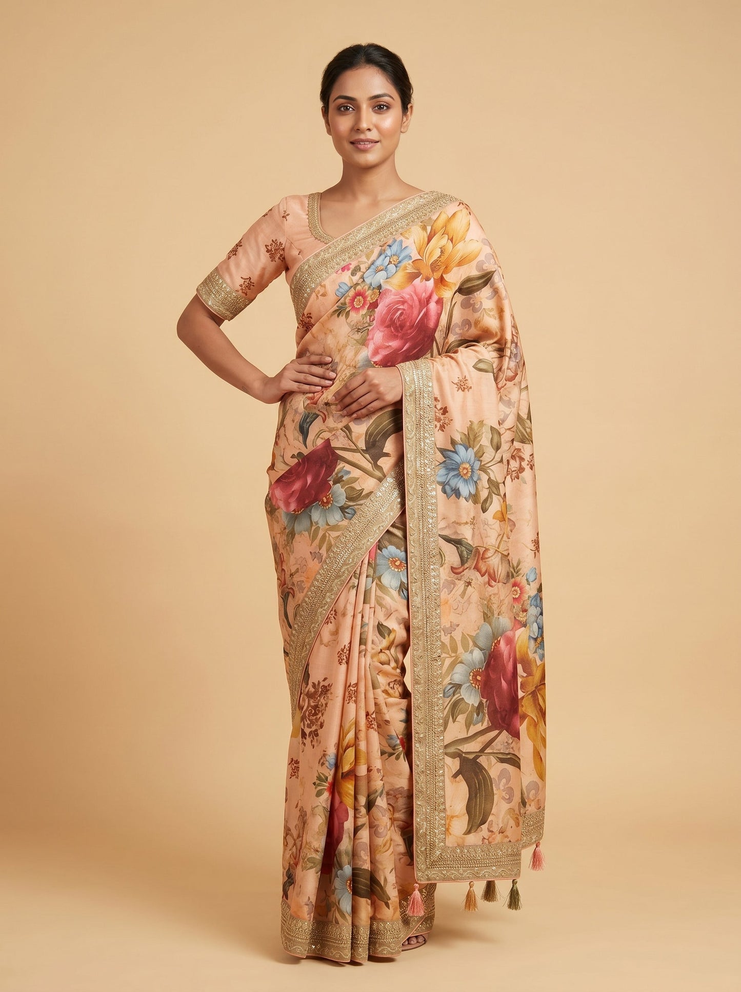 Orange Floral Printed Saree