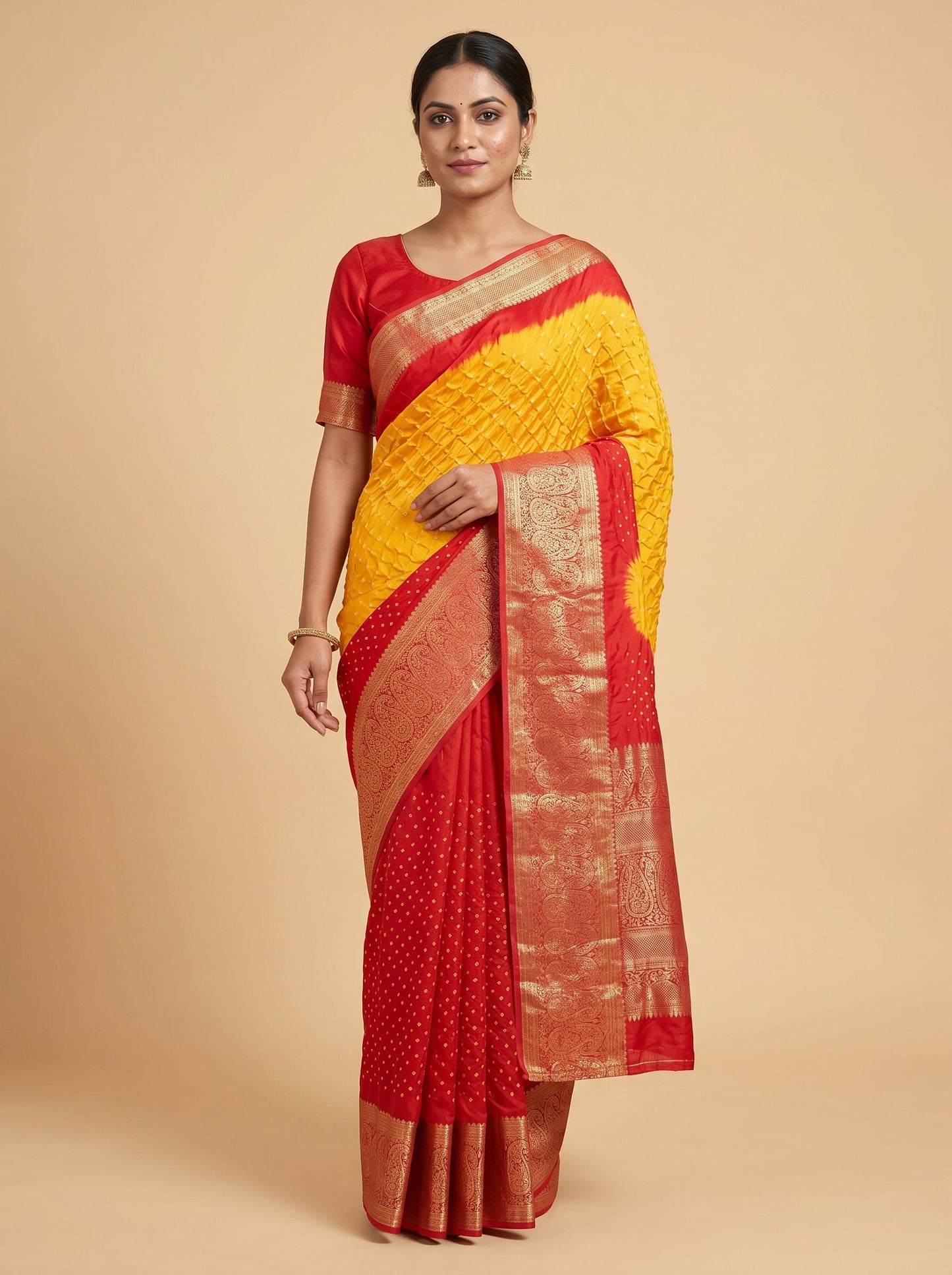 Orange Red Fusion Bandhani Saree
