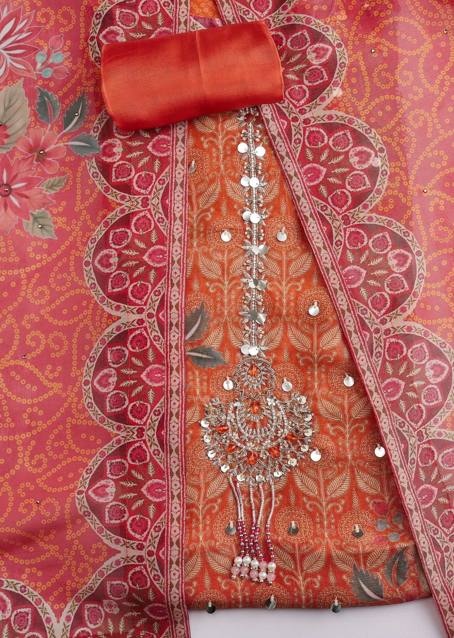 Orange Tissue Printed Unstitched Suit Set With Dupatta