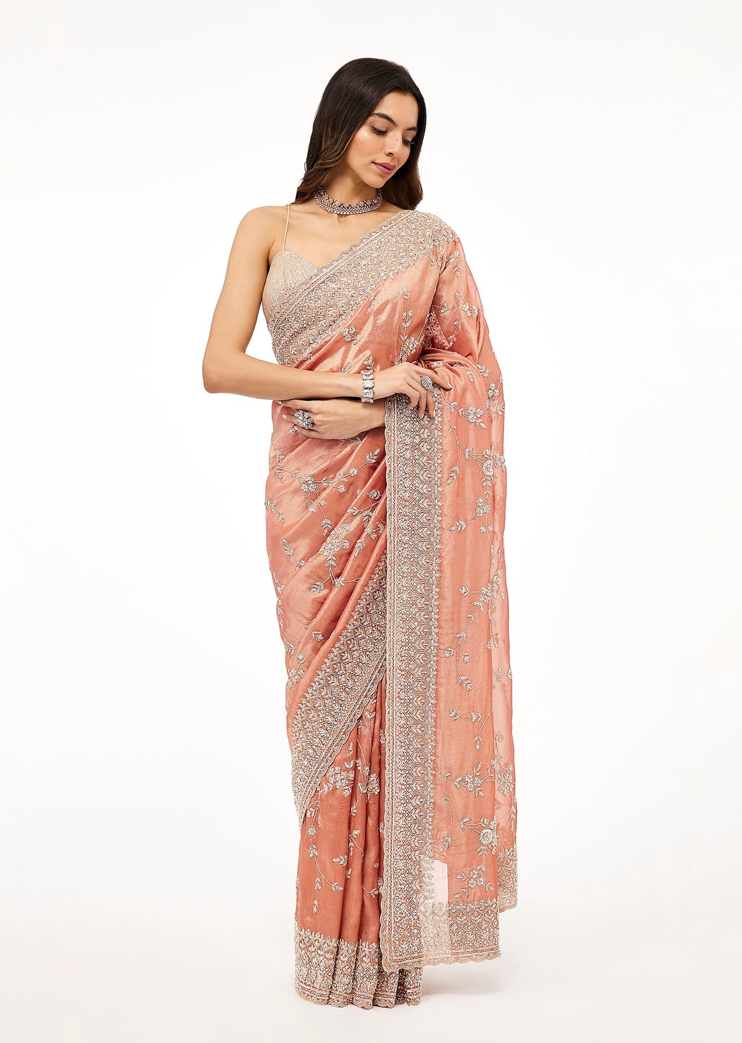 Orange Tissue Saree With Sequins Jaal Embroidery