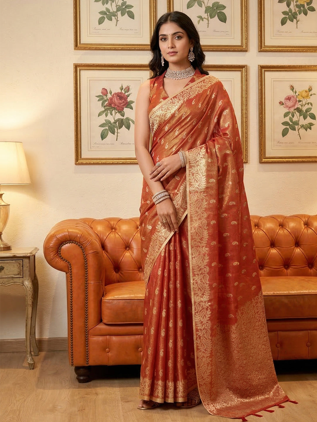 Anaita Orange Woven Tissue Silk Saree With Blouse