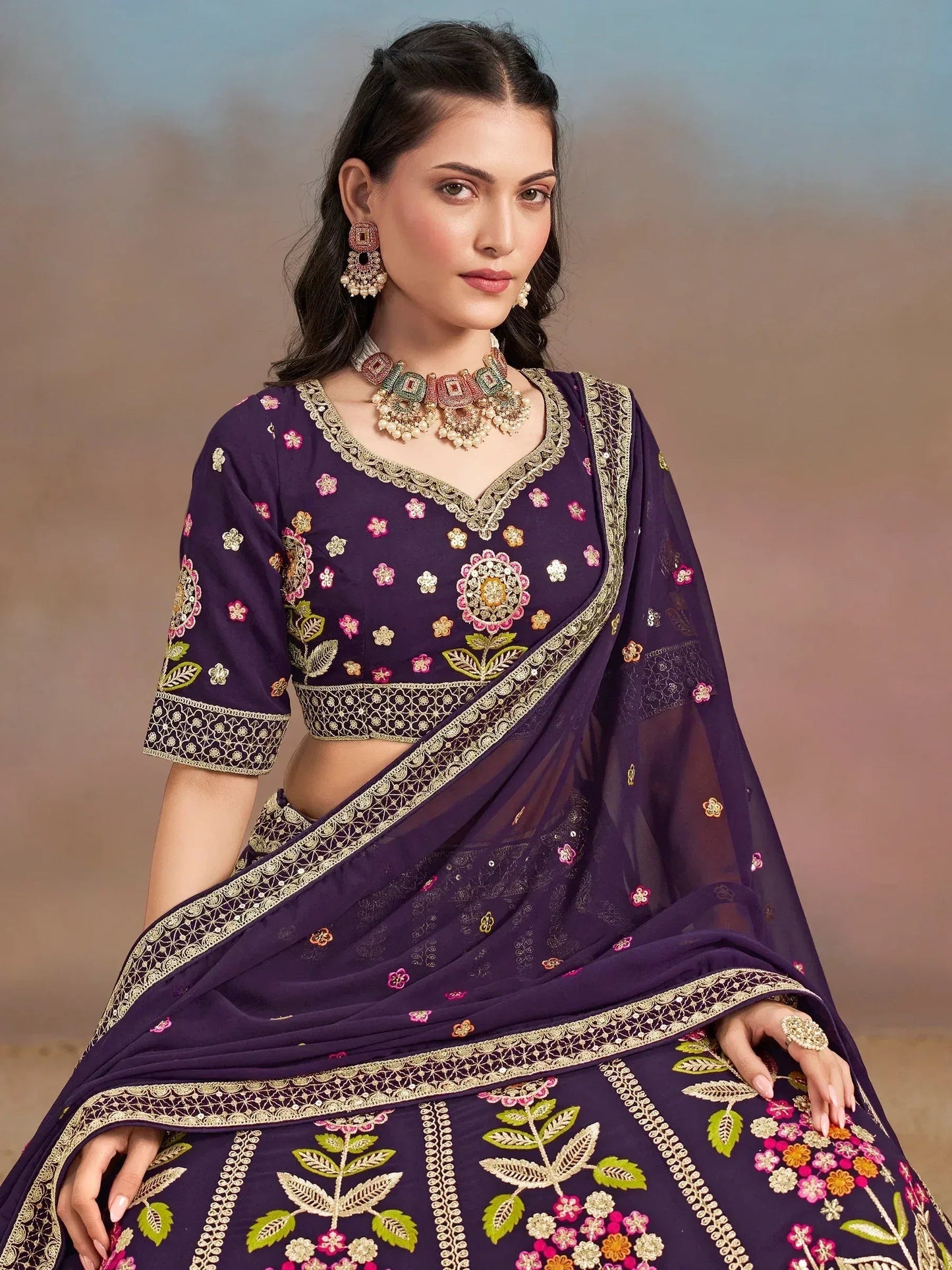 Tulsi Art Outstanding Purple Floral Embroidery Georgette Bridesmaid Lehenga Choli