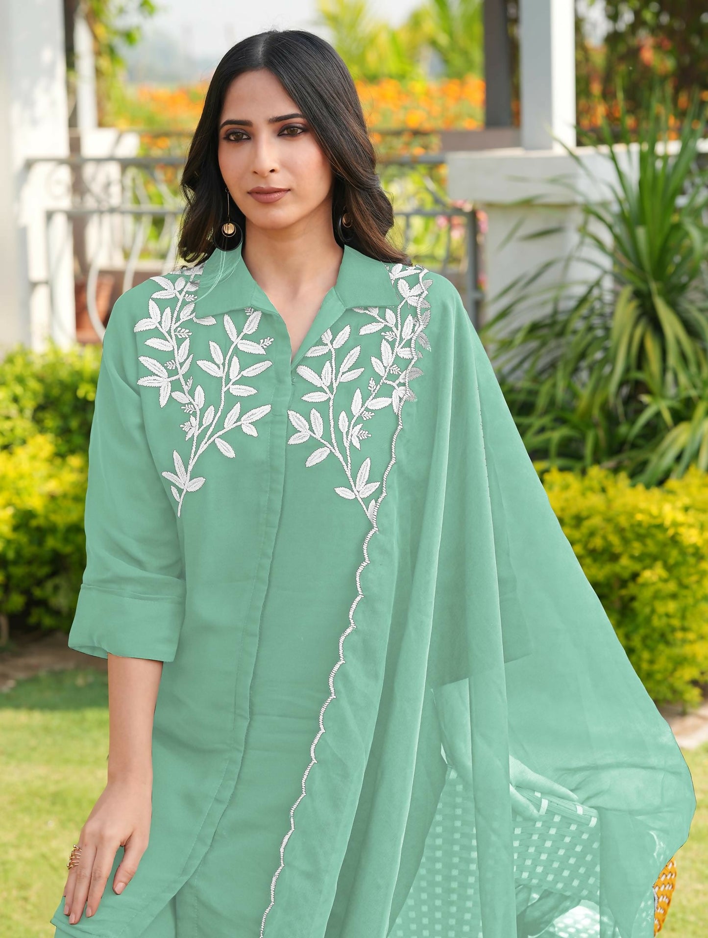 Nikhaar Light Green Embroidered Viscose Georgette Stitched Straight Cut Kurta Culottes Dupatta Readymade Suit