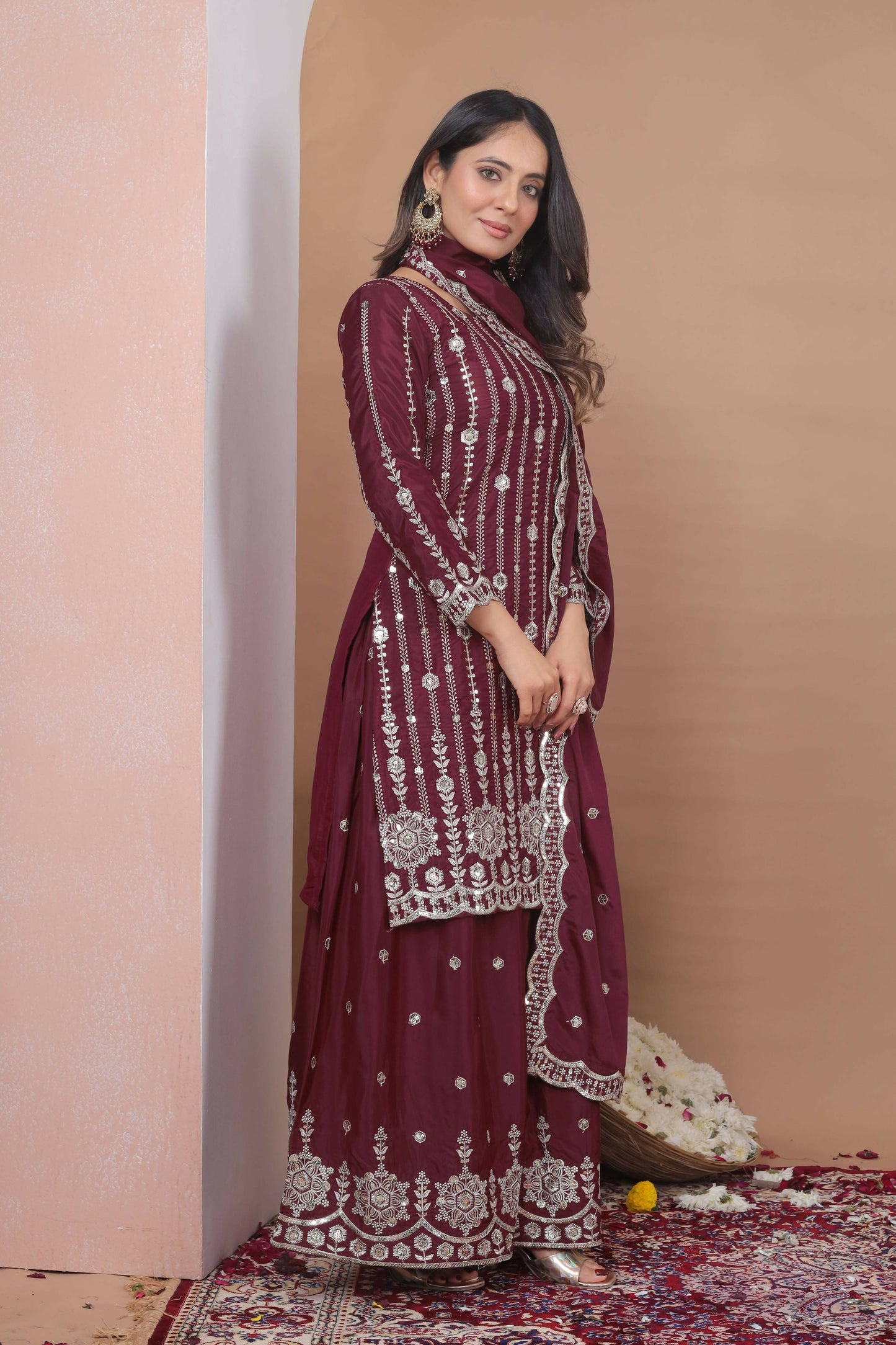 The52 Women's Gorgeous Embroidery Work Natural Crep Fabric Straight Kurta Sharara and Dupatta Set