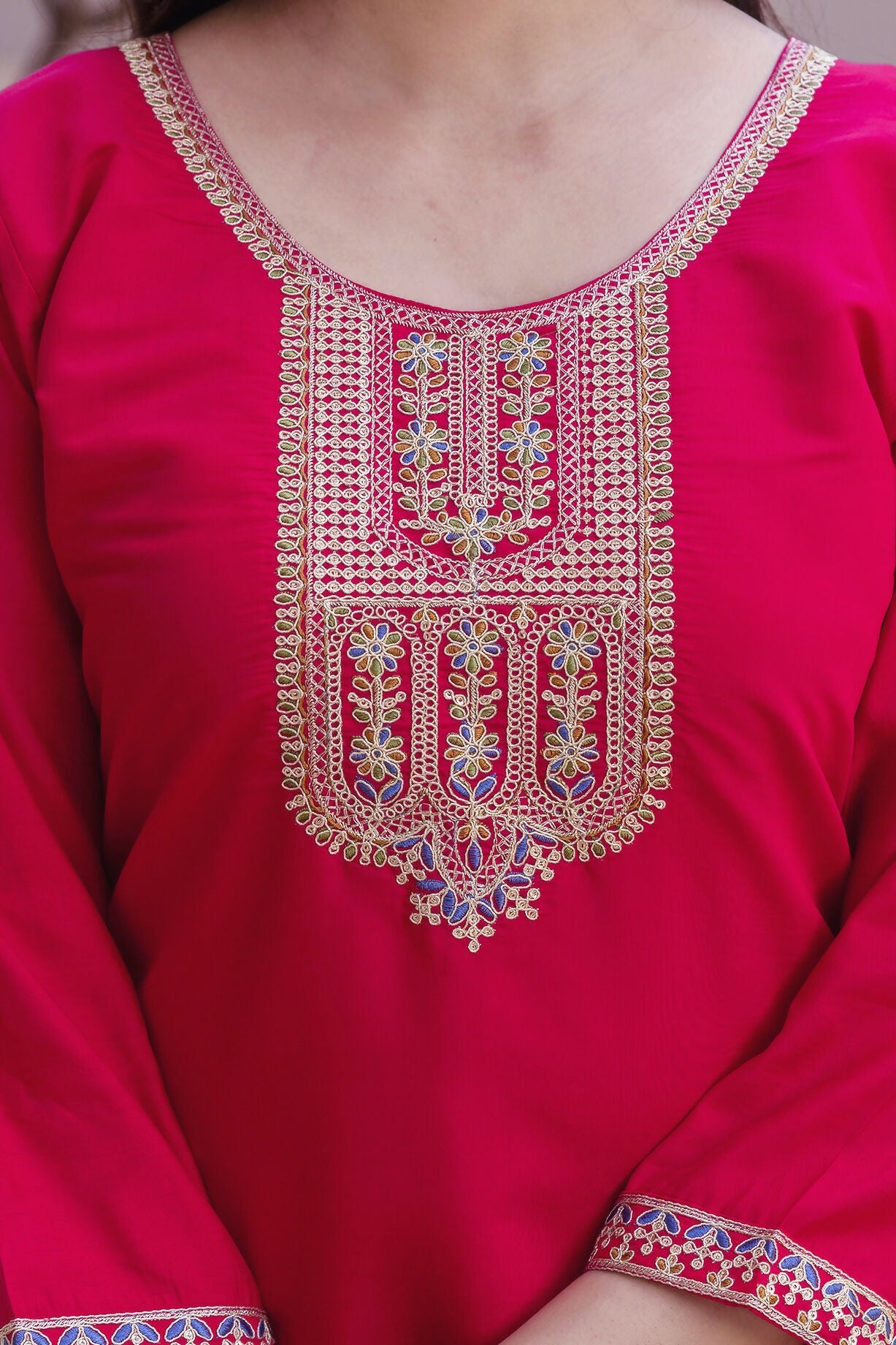 The52 Women's Beautiful Embroidery Work Viscose Chanderi Fabric Straight Kurta Pant and Dupatta Set-Red