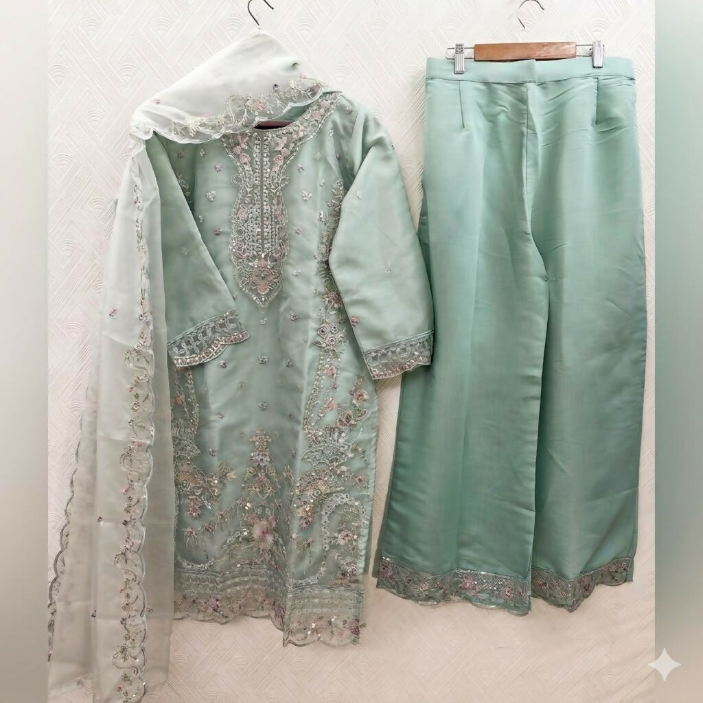 Teeya Creation Womens New Trendy Silk With Heavy Embroiedery With Sequence Work Sky-Blue Kurta Set