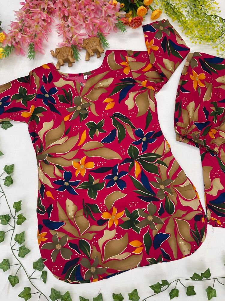 Teeya Creation Women New Latest Red Floral Printed Crepe Kurta with Palazzos Set