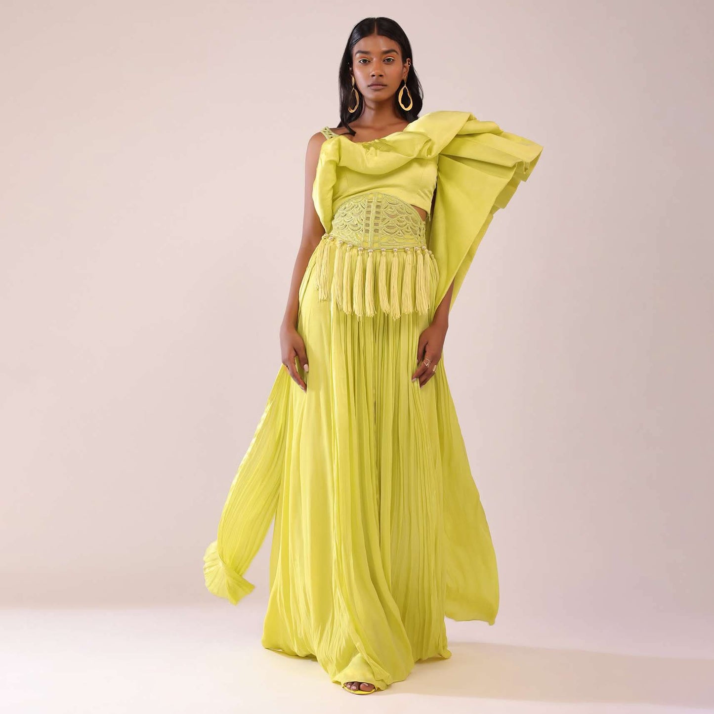 Sheen Green Satin Palazzo & Top With Elaborated Sleeves And Embroidered Belt
