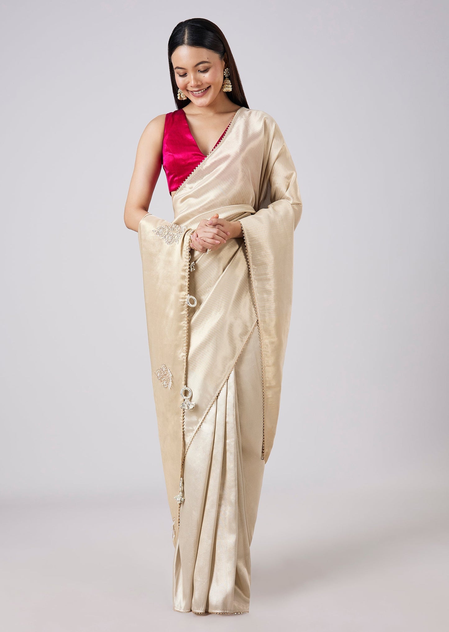Pastel Cream Solid Saree with Border and Blouse
