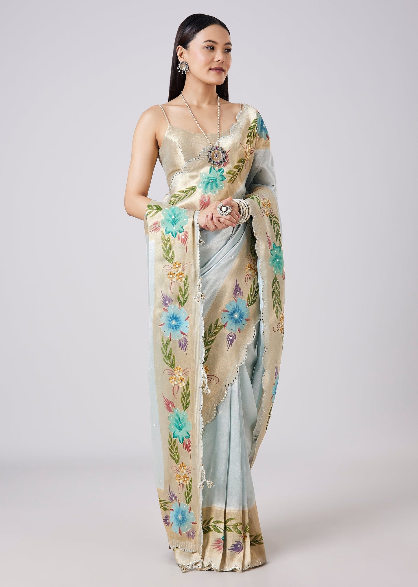 Pastel Grey Hand Painted Saree with Blouse