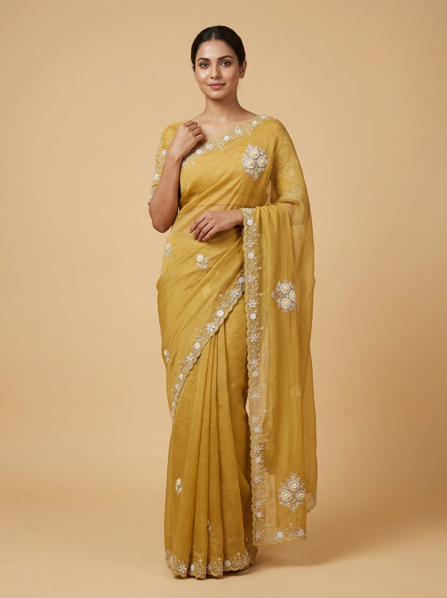 Pastel Light Yellow Embroidered Saree