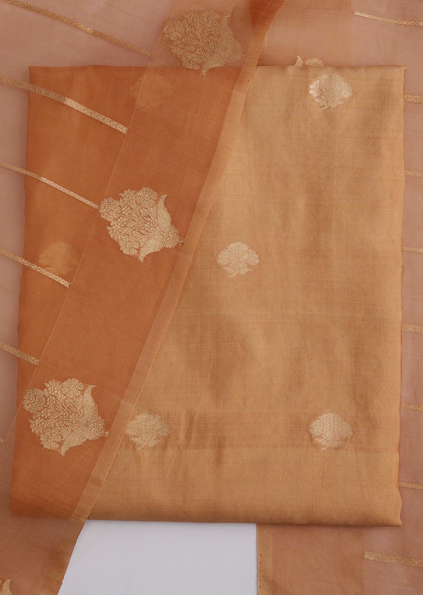 Peach Banarasi Silk Unstitched Suit Set With Dupatta