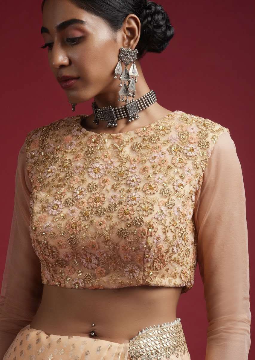 Peach Blouse In Embroidered Net With Colorful Resham And Zari Work In Floral Jaal Motif Online - Kalki Fashion