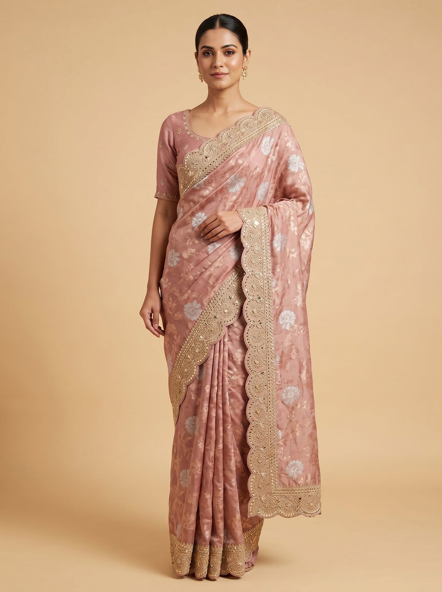 Peach Border Zari Embroidered Saree