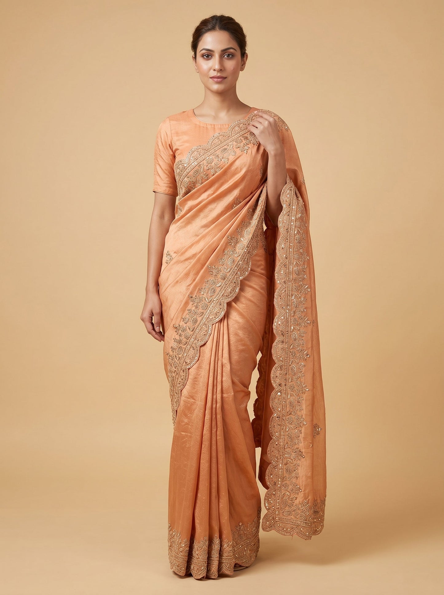 Peach Delicate-Luster Embroidered Saree