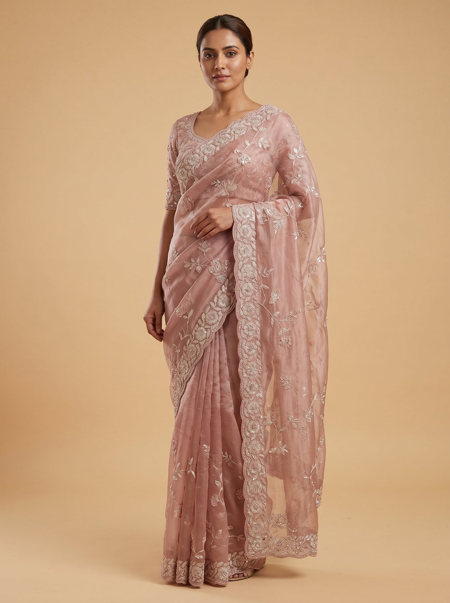 Peach Elegance Embroidered Saree