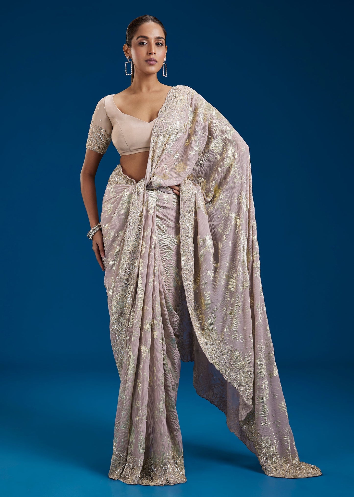 Peach Embellished Organza Saree With Zari Foil Print