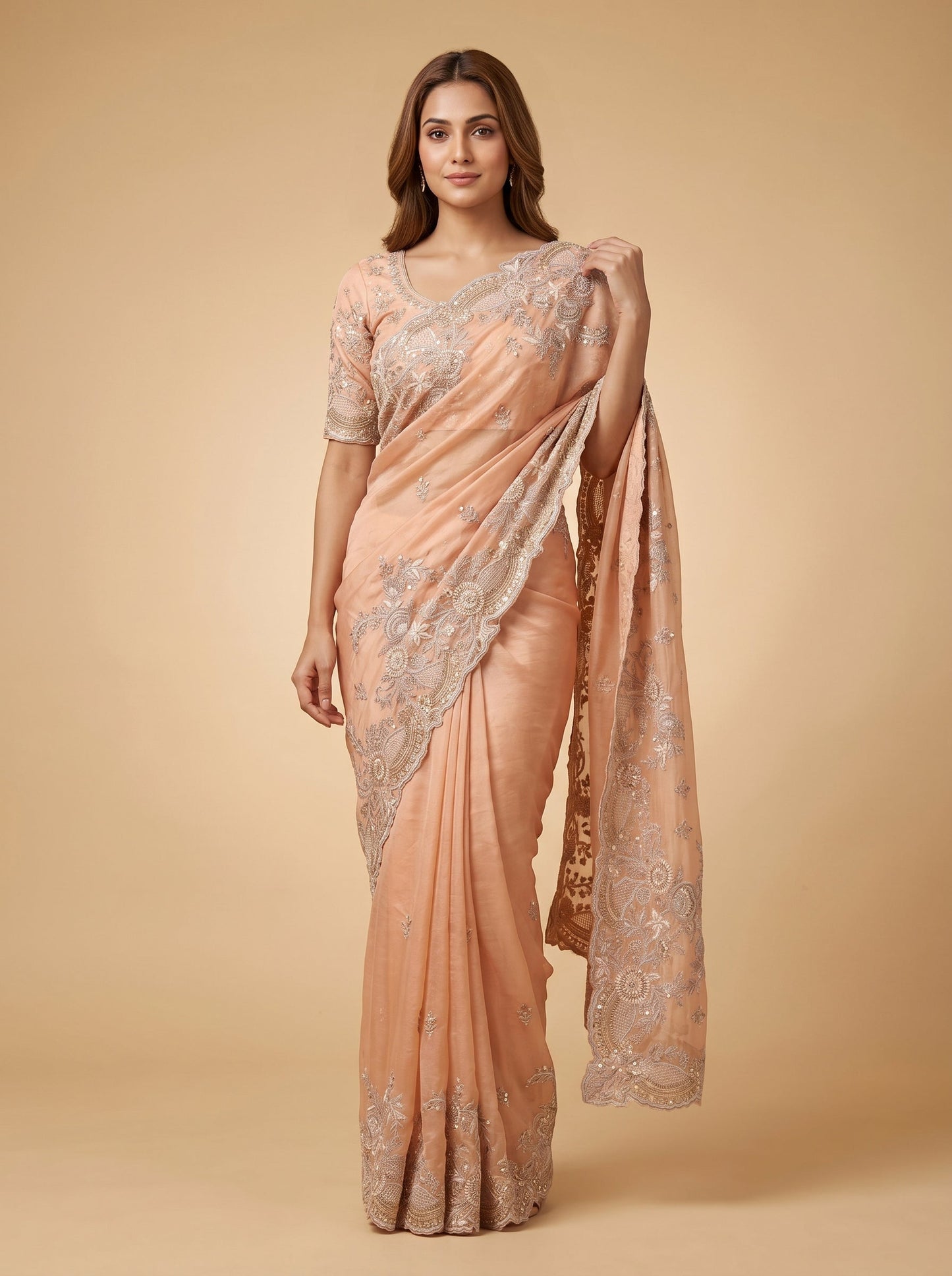 Peach Floral Embroidered Saree