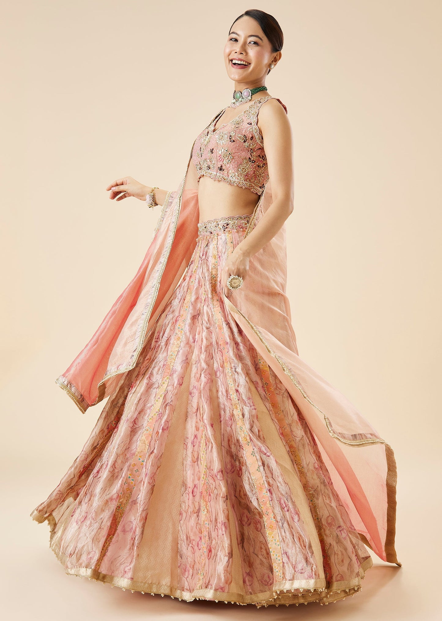 Peach Floral Printed And Embroidered Lehenga Set