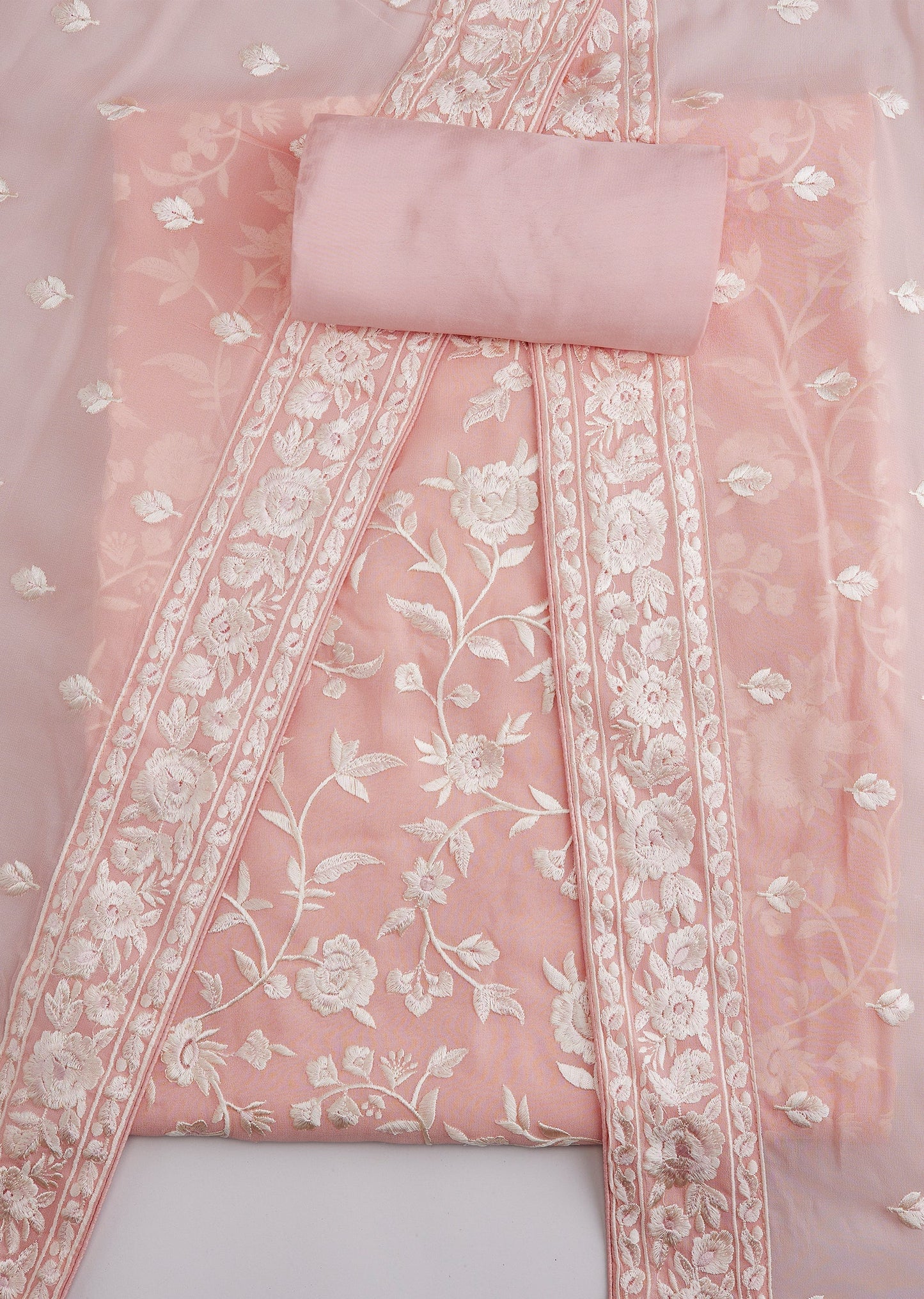 Peach Georgette Resham Thread Work Unstitched Suit Set