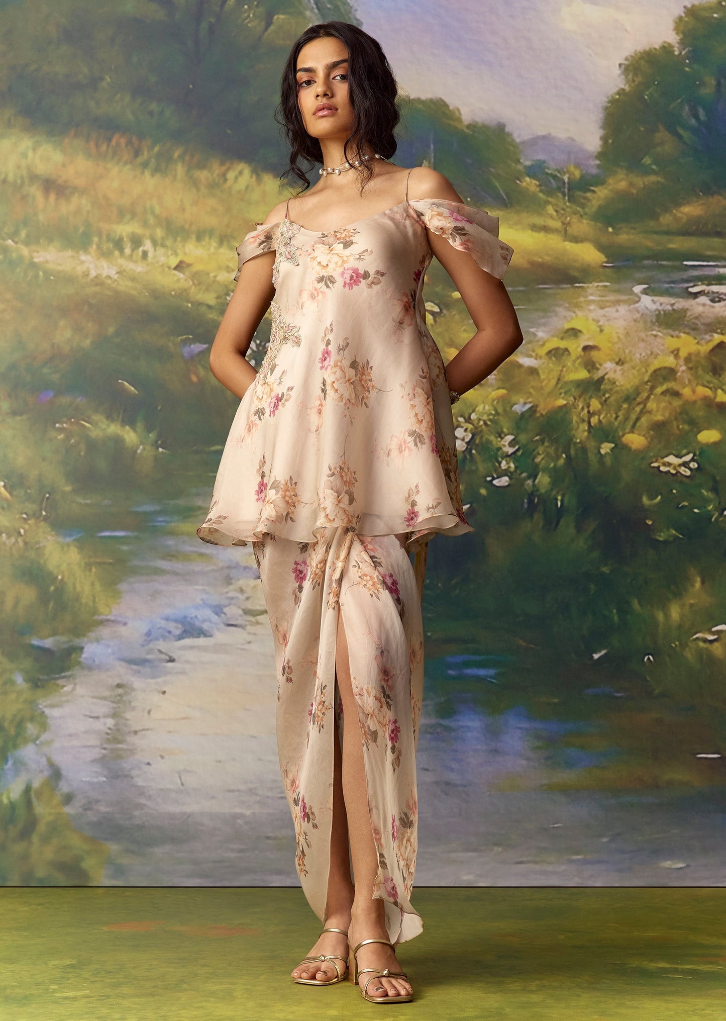 Peach Organza Applique Top and Skirt Set