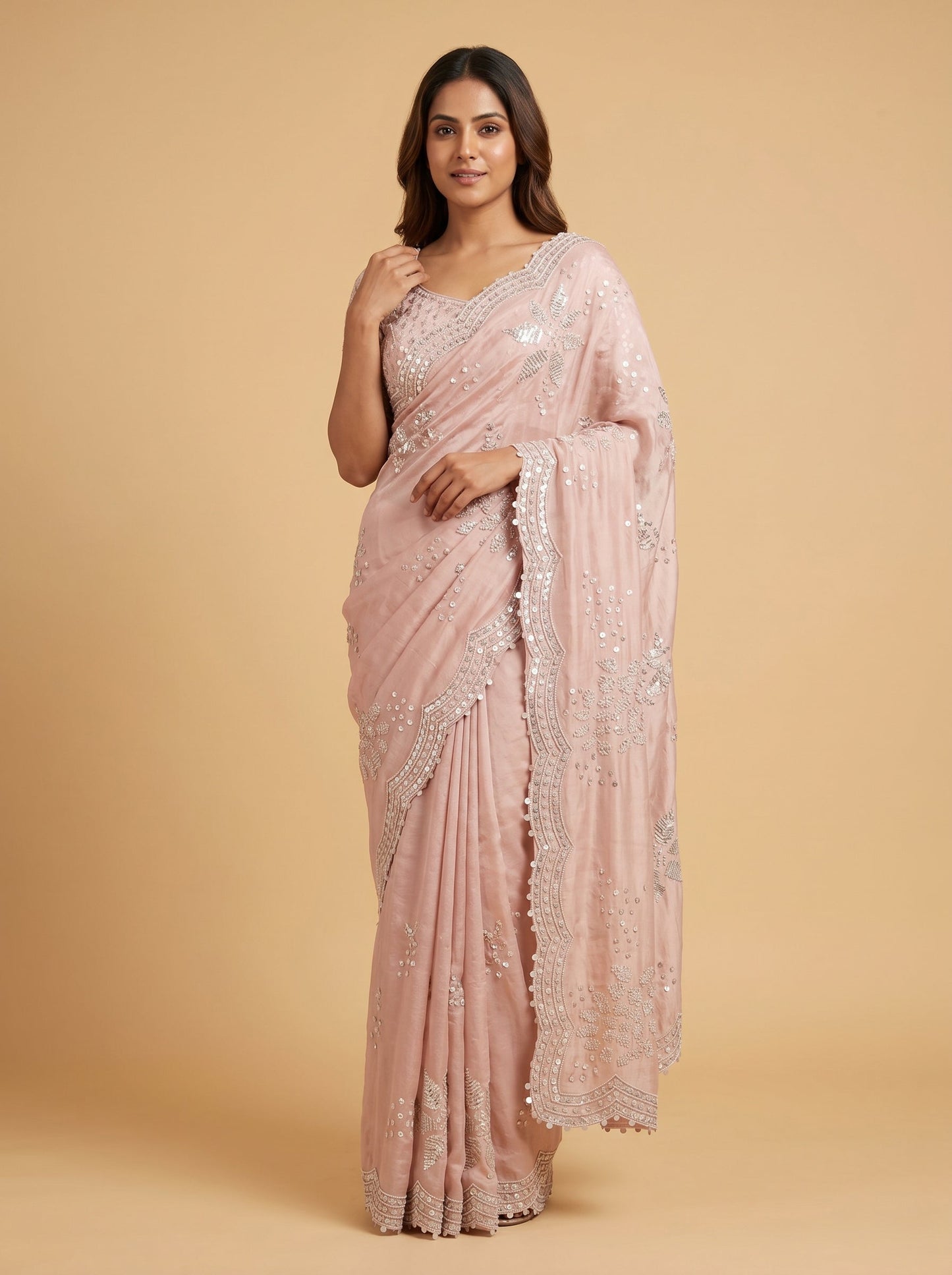Peach Pink Blended Bloom Embroidered Saree