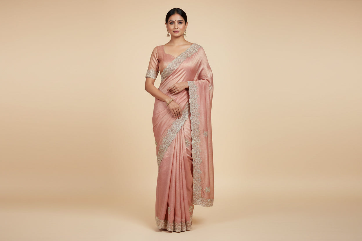 Peach Polished Embroidered Saree