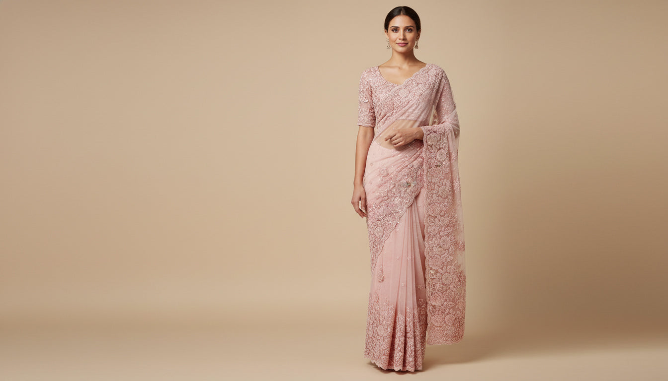 Peach Tailored Embroidered Saree