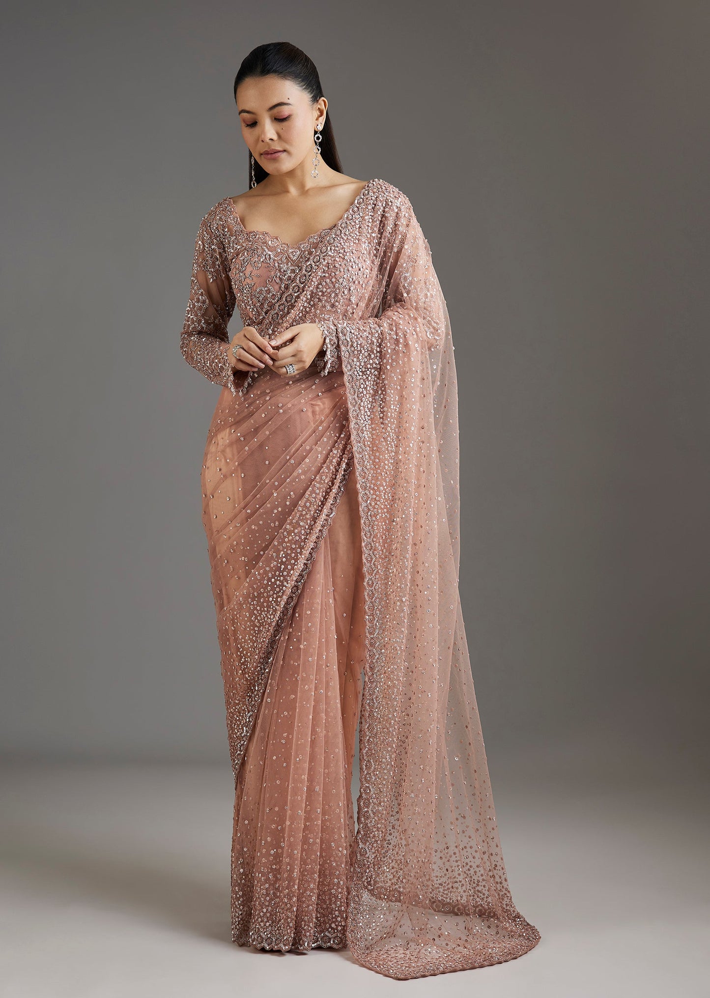 Peach Sequins Embellished Net Saree With Full Sleeves Blouse