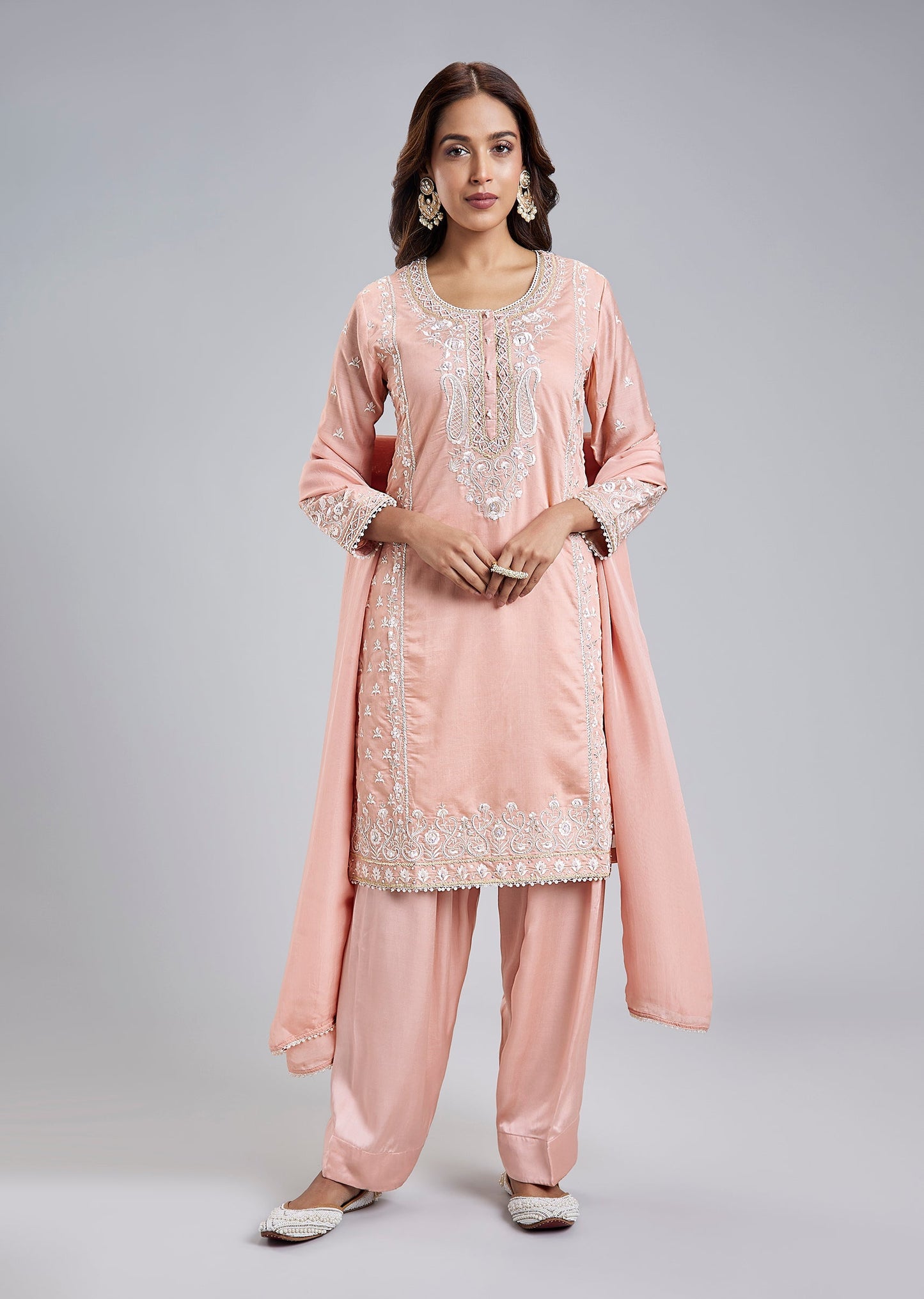 Peach Silk Blend Patiala Suit With Resham Pearl Work And Dupatta