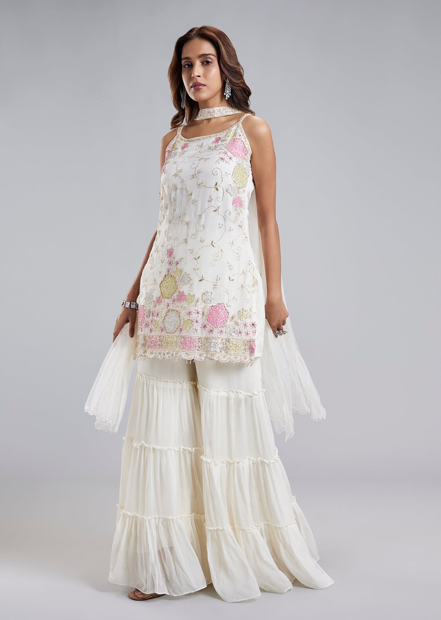 Pearl White Organza Sharara Set With Floral Cutdana Moti Embroidery And Dupatta