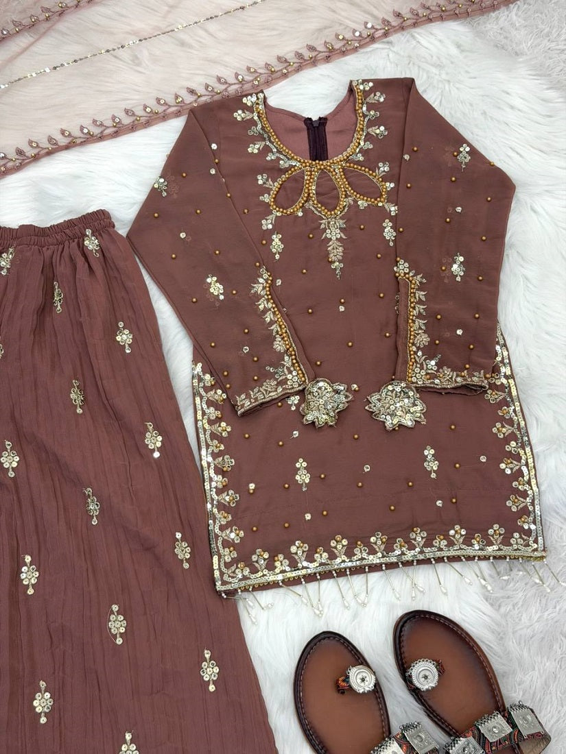 Evanik Brown Kids Faux Georgette Embroidered Work Kurta Palazzo Set