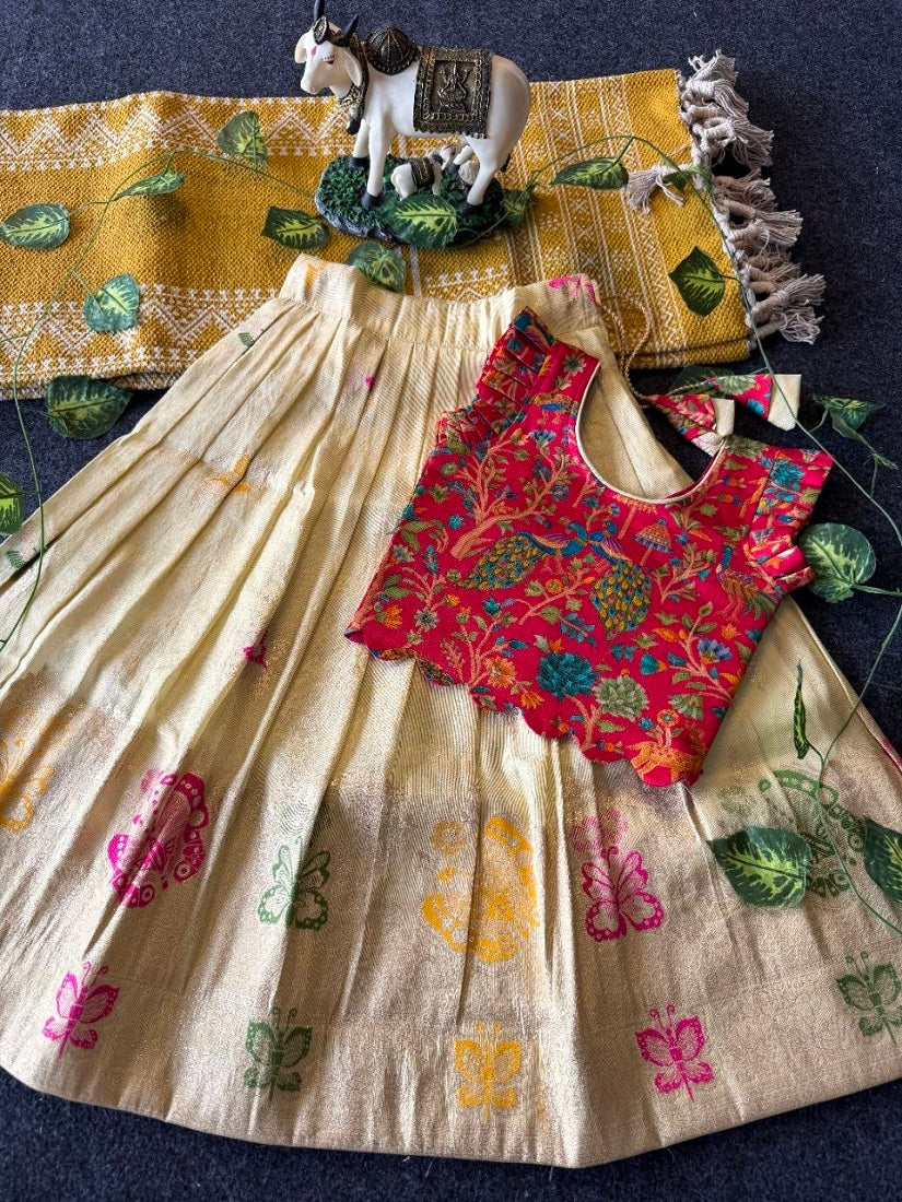Evanik Girls Cream Soft tissue Butterfly Print Lehenga Choli with 3D Weaving Work