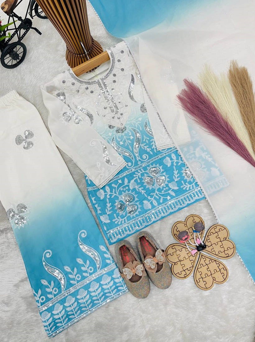 Evanik Sky Blue Designer Party Wear Heavy Natural Crepe Kids Top Palazzo & Dupatta Set