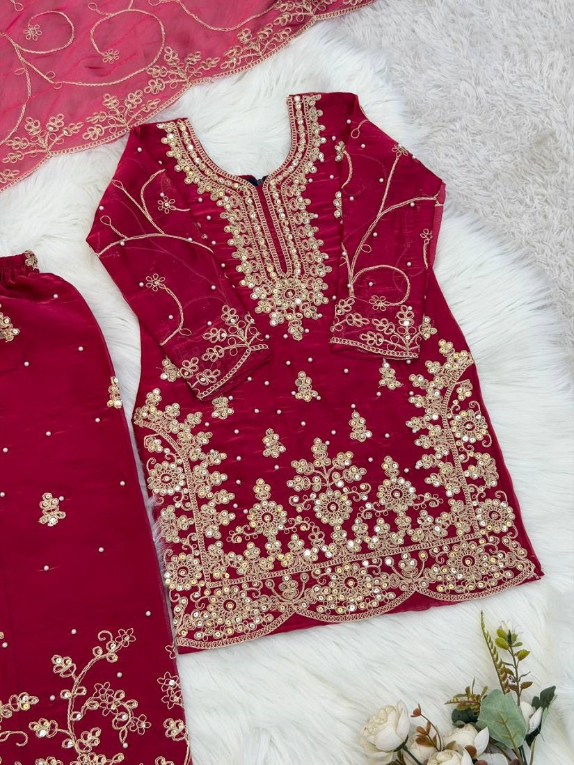 Evanik Pink Designer Wedding Embroidered Work Kids Palazzo Set