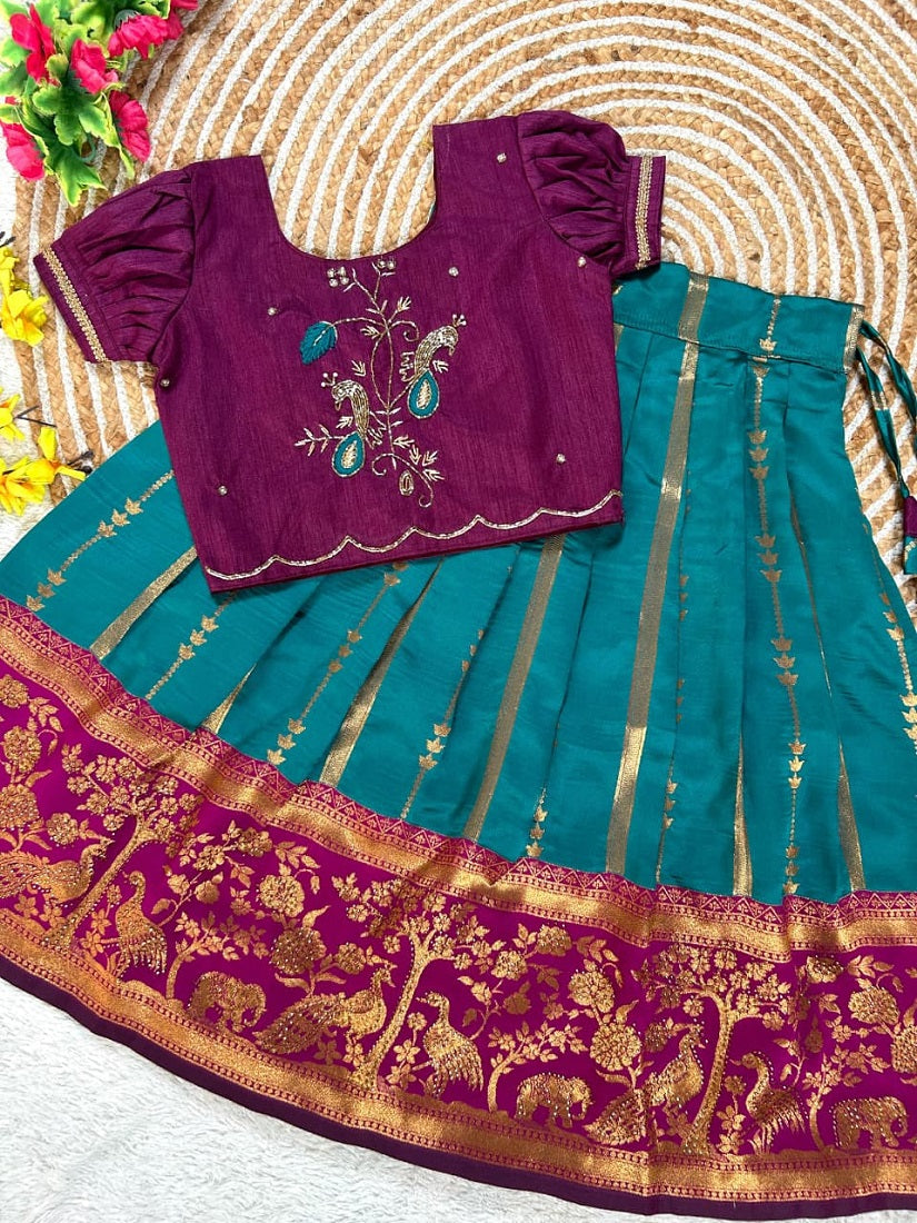 Evanik Teal Purple Pure Silk Zari With Heavy Maggam Work Lehenga Choli for Kids