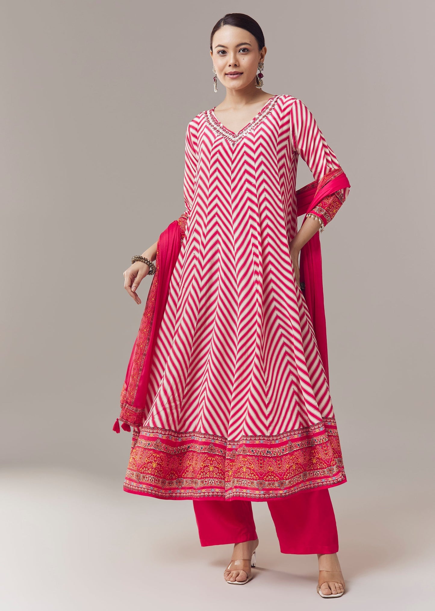 Pink Chevron Printed Anarkali Suit With Mirror Work And Dupatta