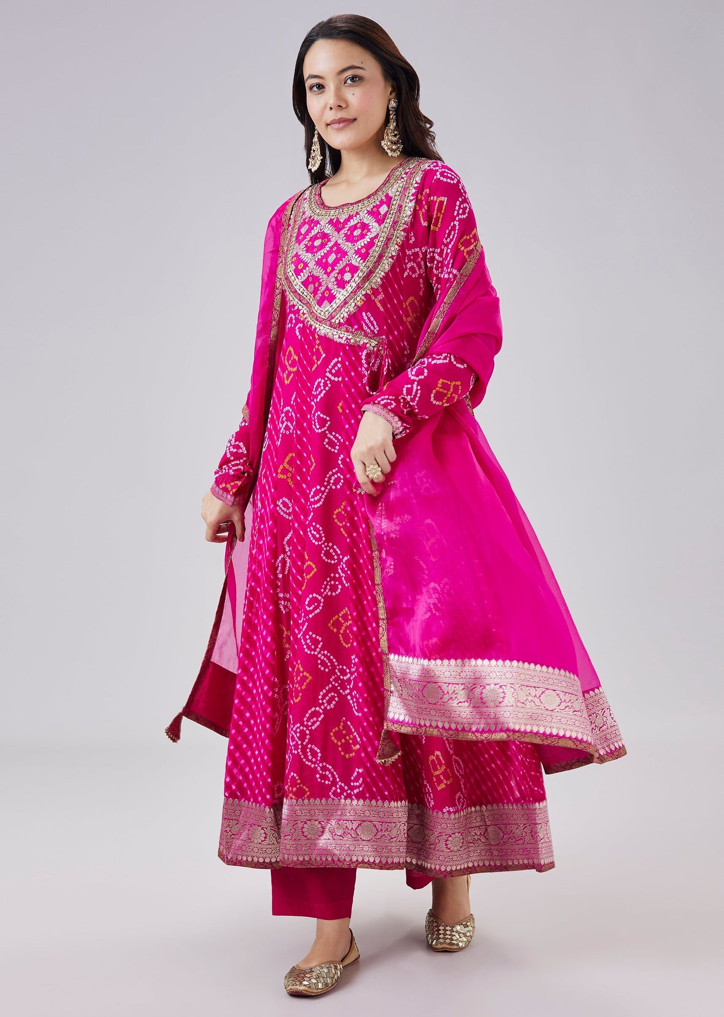 Pink Bandhani And Leheriya Print Angrakha Suit Set