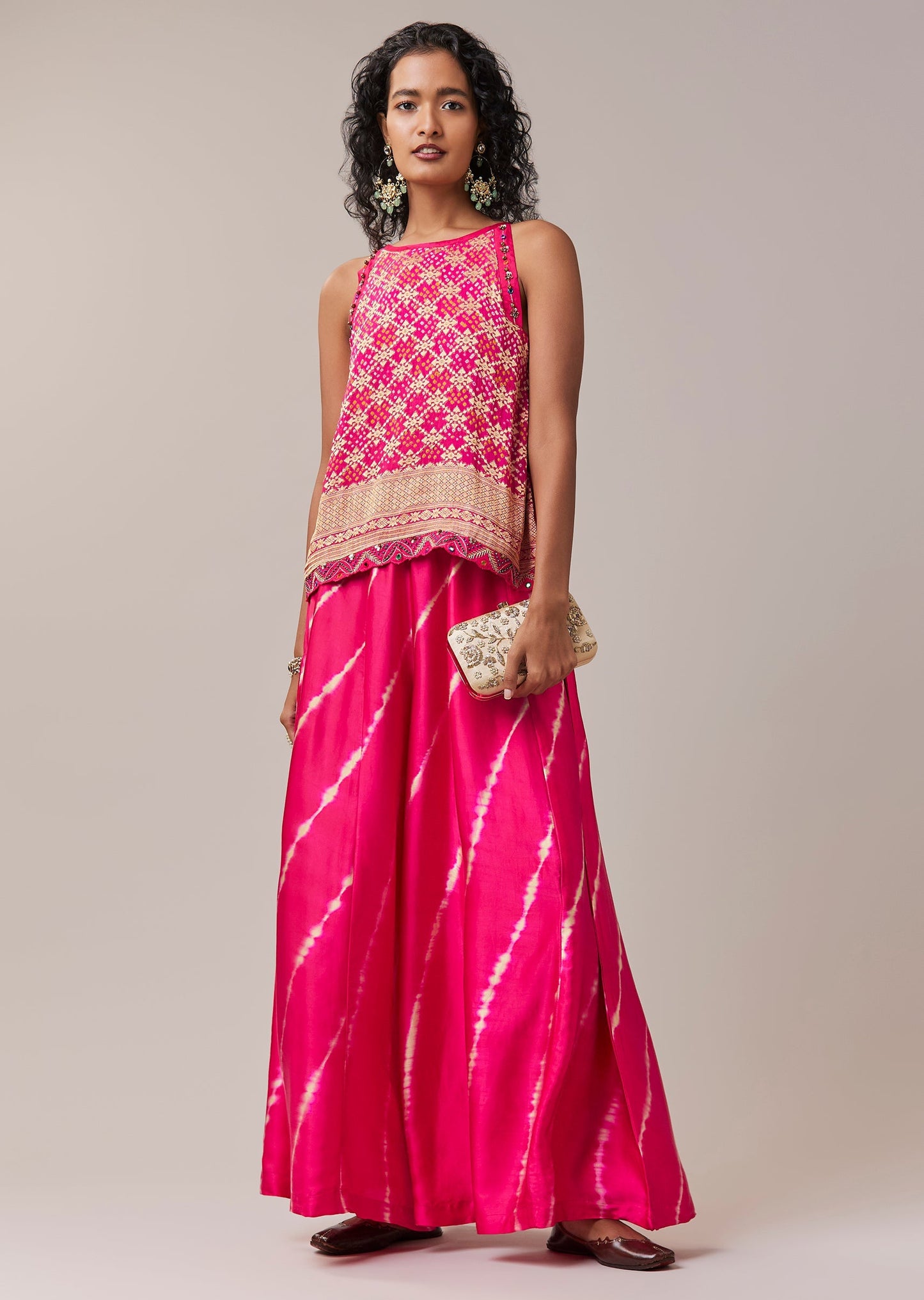 Pink Bandhani Banarasi Georgette Top and Leheriya Pant Set