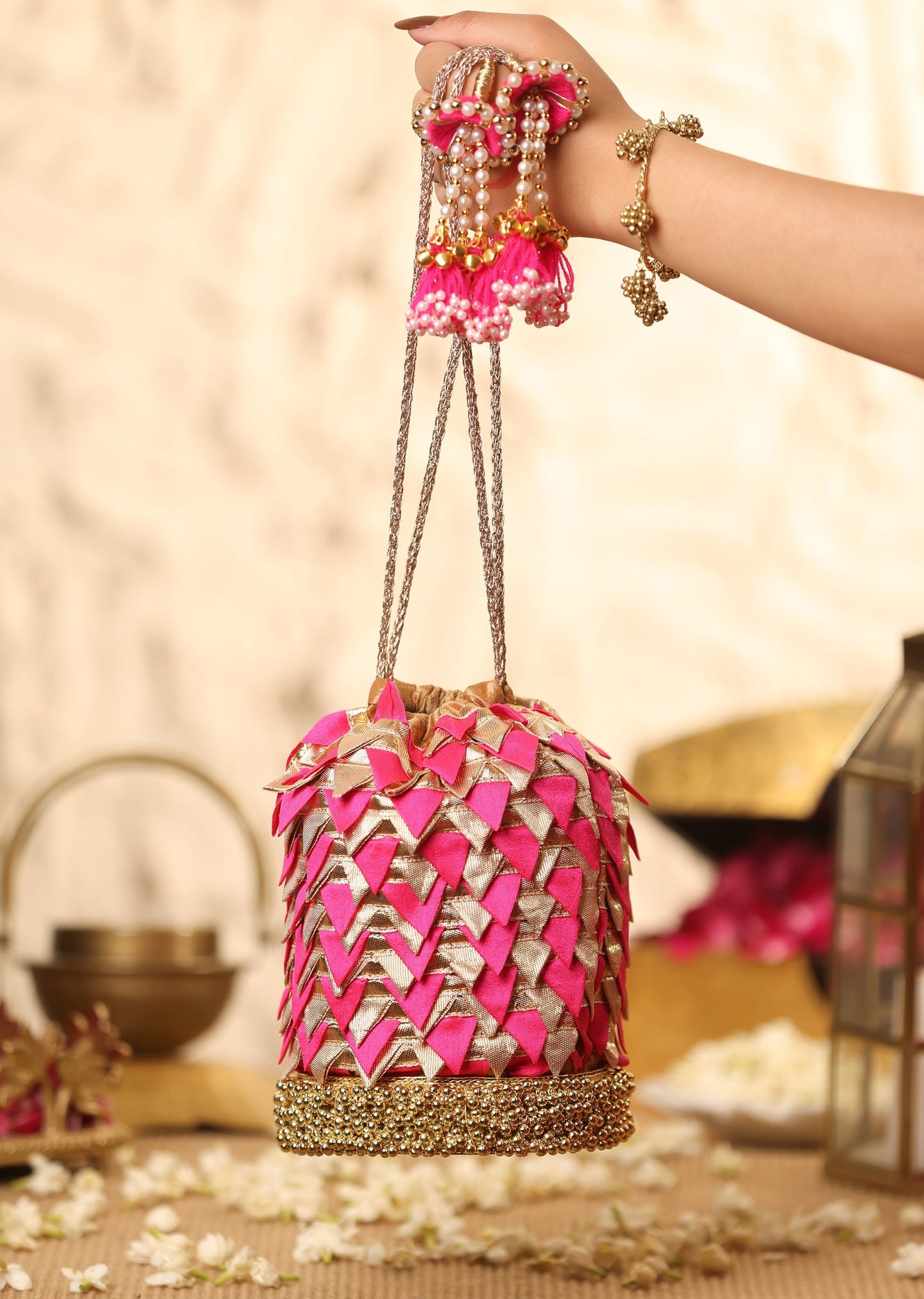 Pink Brocade Potli With Gold Lace Detailing