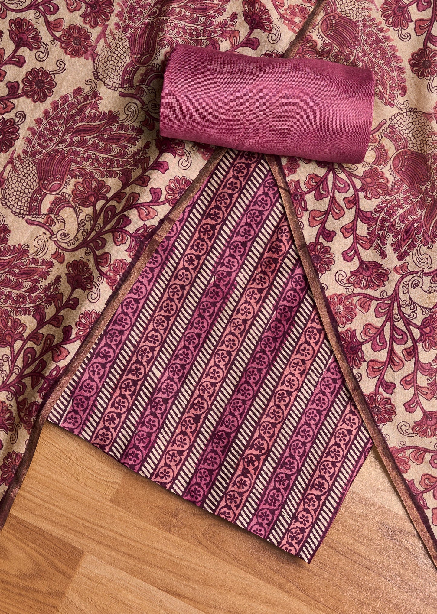 Pink Chanderi Printed Unstitched Suit Set