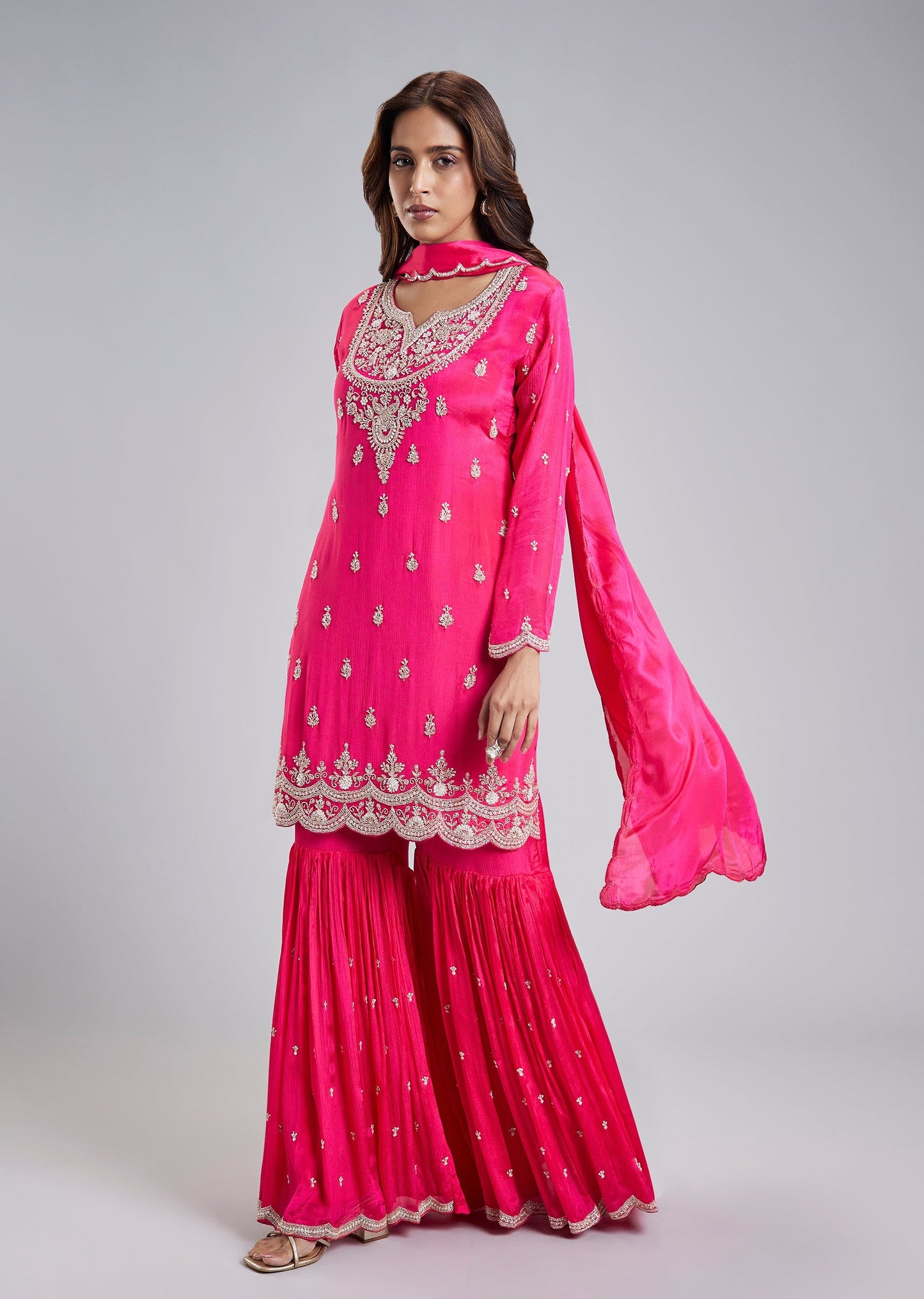 Pink Chinon Cutdana Butti Embroidered Sharara With Dupatta