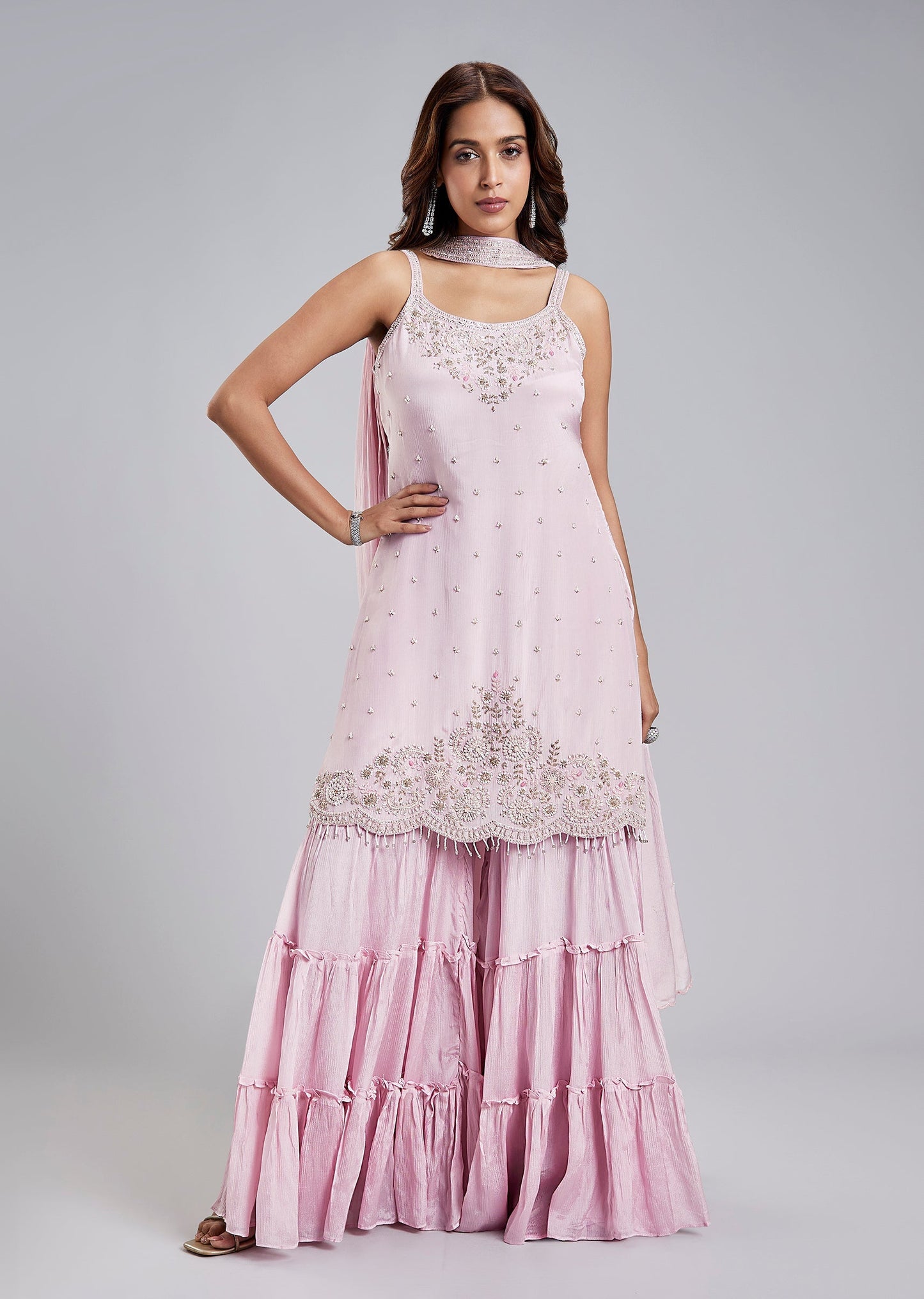 Pink Chinon Sharara Set With Cutdana Pearl Embroidery Beaded Scalloped Hem And Dupatta